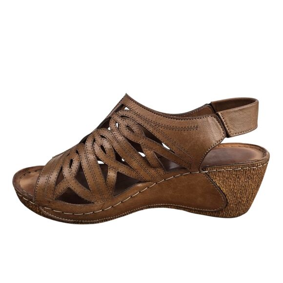 Karyoka Brown Leather Cutout Wedge Sandals Sz 38 US 7.5 - 8 Boho Beach - Picture 8 of 15